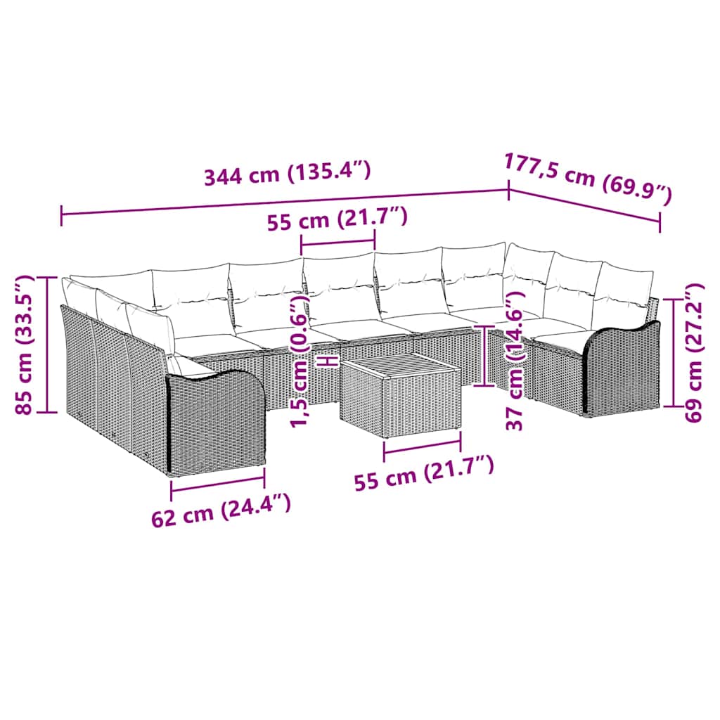 Conjunto de sofás de jardín 11 pcs Negro ratán sintético