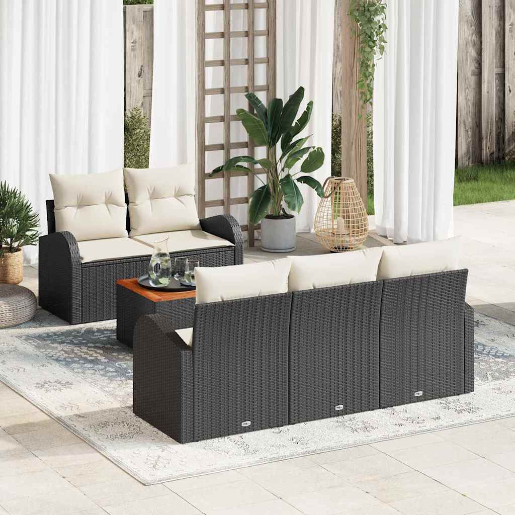 Conjunto de sofás de jardín 6 pcs Negro y crema ratán sintético