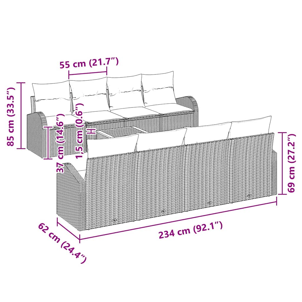 Conjunto de sofás de jardín 9 pcs Negro ratán sintético