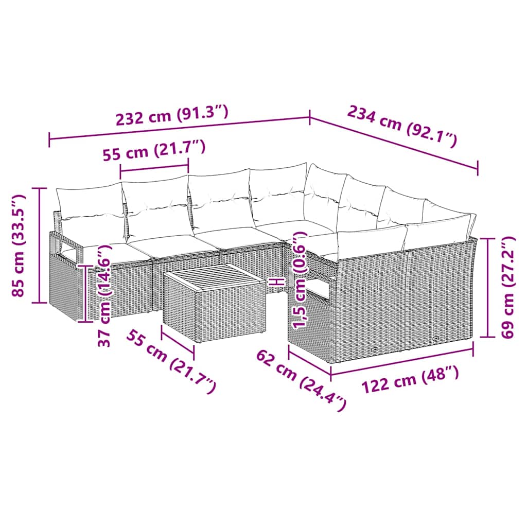 Conjunto de sofás de jardín 9 pcs Beige y Crema ratán sintético