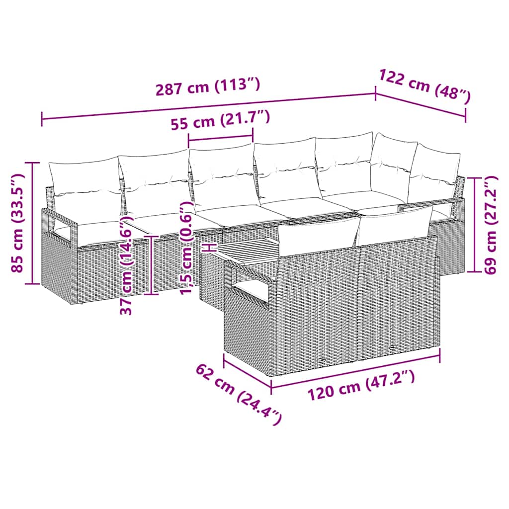 Conjunto de sofás de jardín 9 pcs Gris ratán sintético