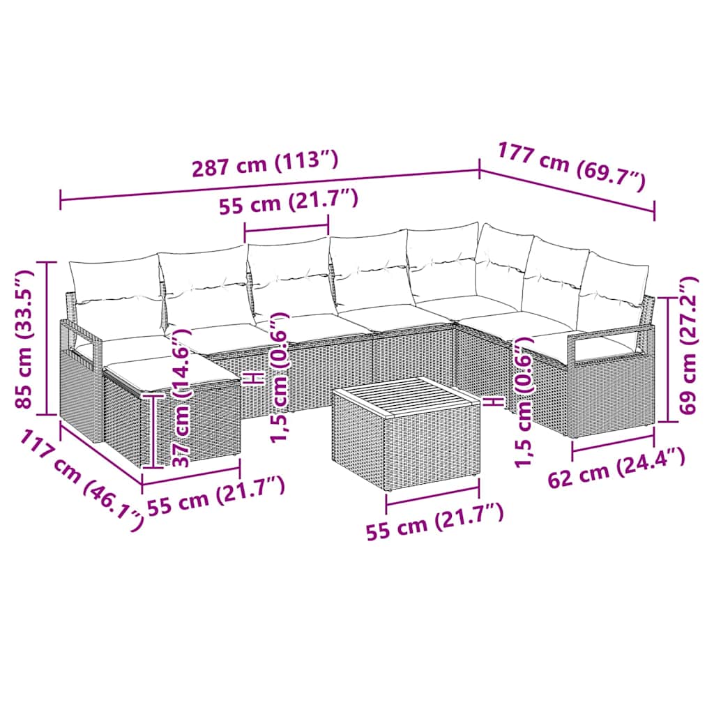 Conjunto de sofás de jardín 9 pcs Beige y Crema ratán sintético