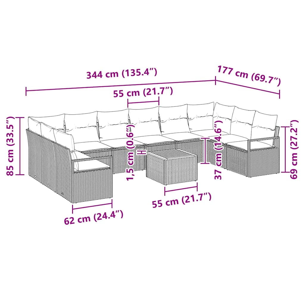 Conjunto de sofás de jardín 11 pcs Negro ratán sintético
