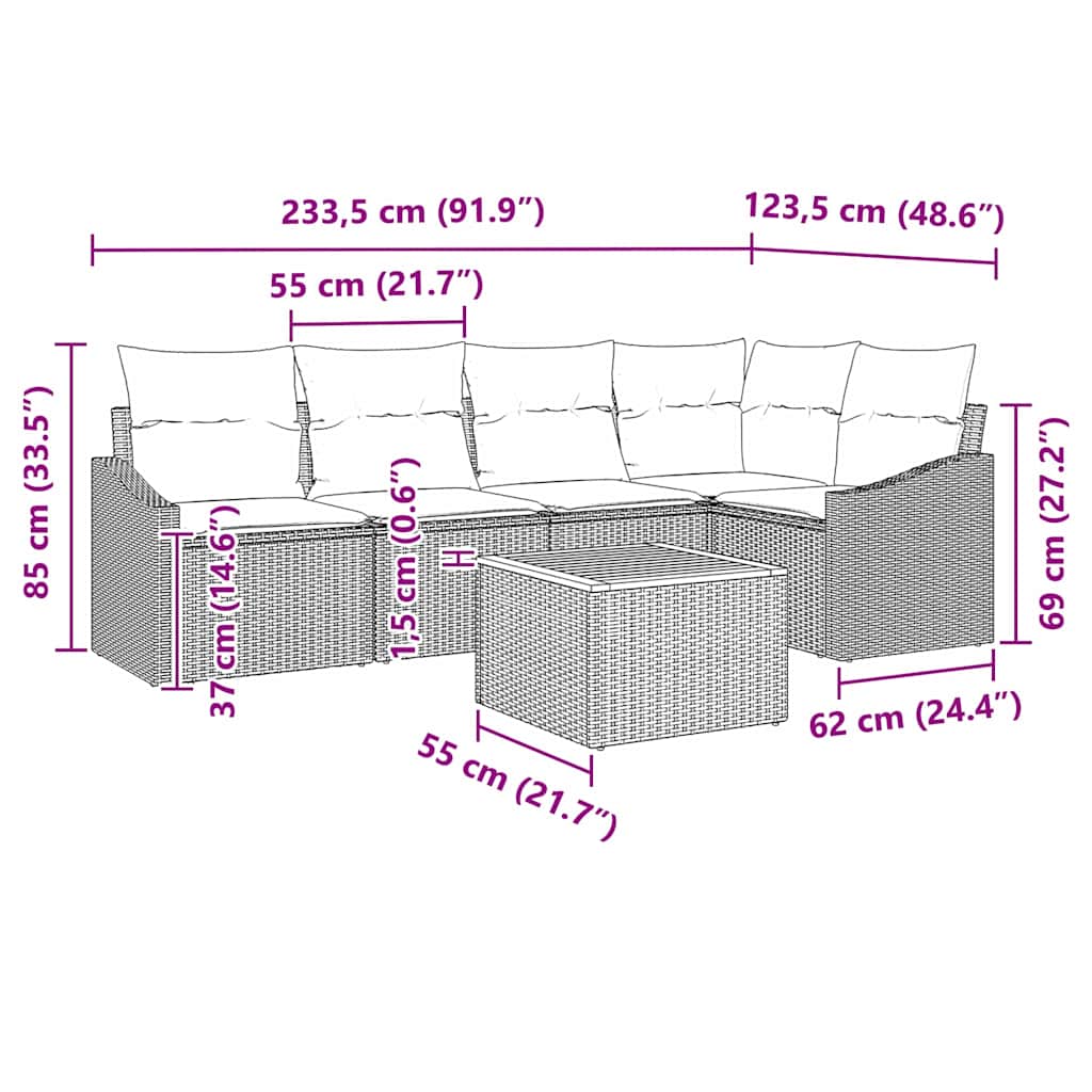 Conjunto de sofás de jardín 6 pcs Negro ratán sintético