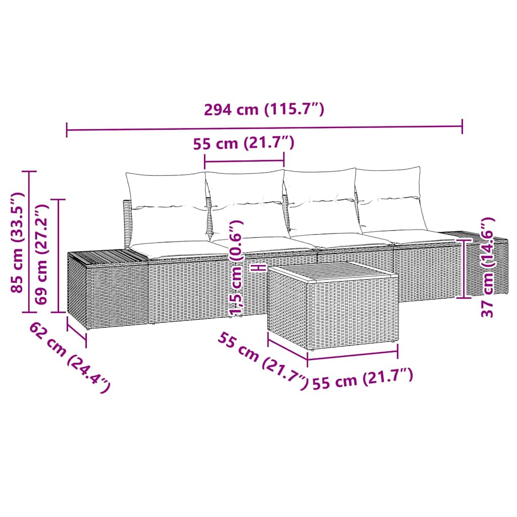 Conjunto de sofás de jardín 5 pcs Negro ratán sintético