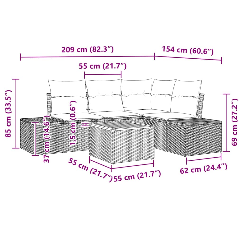 Conjunto de sofás de jardín 5 pcs Beige y Crema ratán sintético