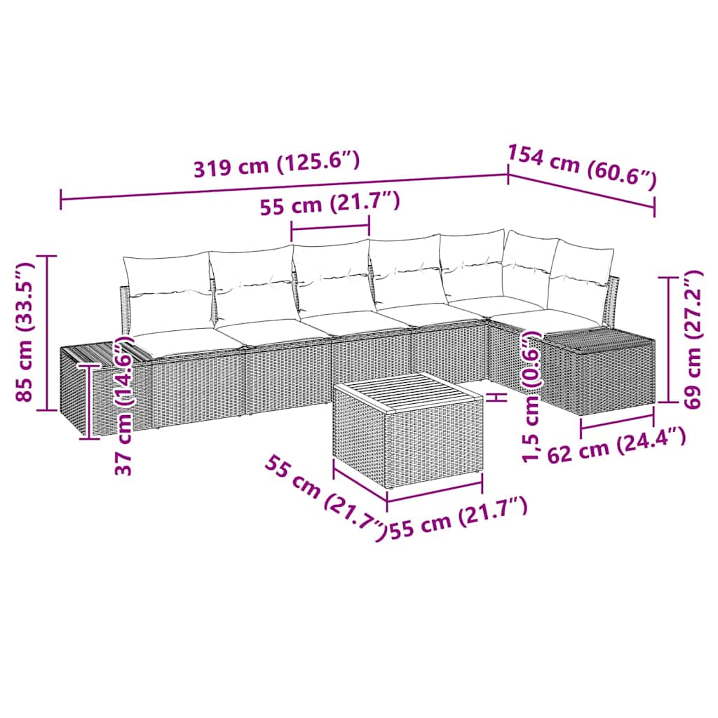 Conjunto de sofás de jardín 7 pcs Negro y crema ratán sintético