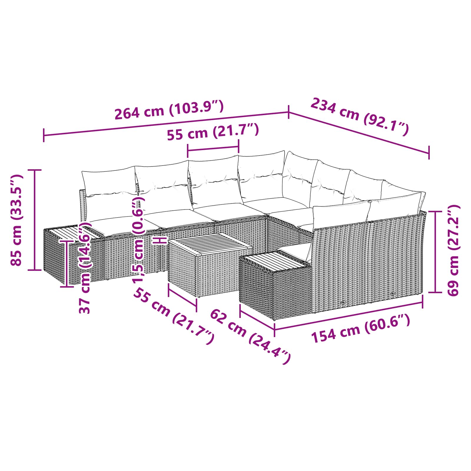 Conjunto de sofá de jardín con cojín 9 pcs Negro Poliratán