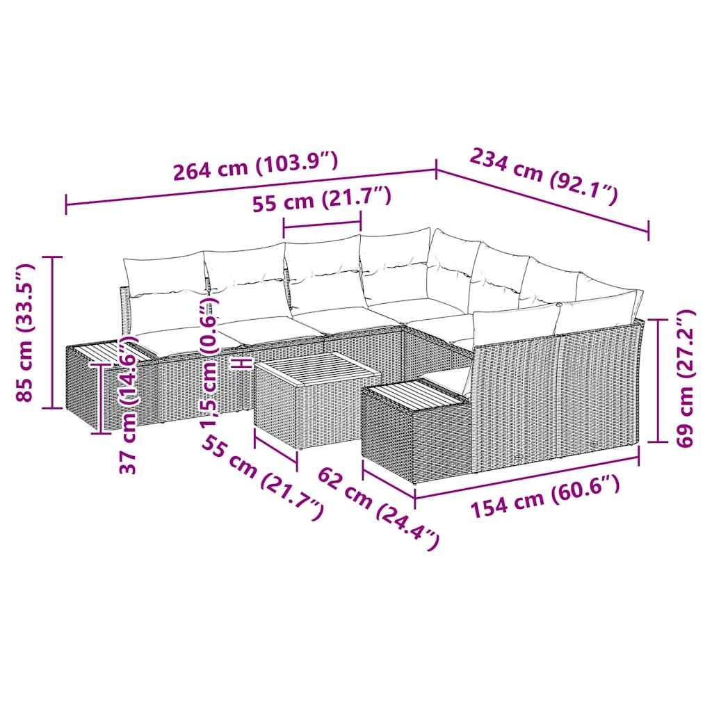 Conjunto de sofá de jardín con cojín 9 pcs Beige Poliratán