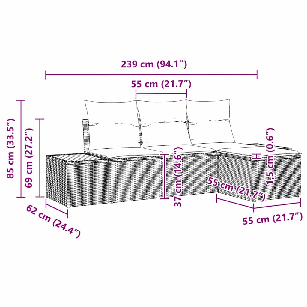 Conjunto de sofá de jardín 4 pcs Gris Rattan de Poliéster