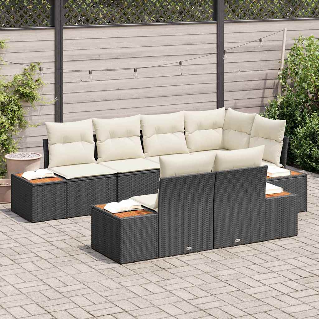 Conjunto de sofás de jardín 7 pcs Negro y crema Ratán sintético