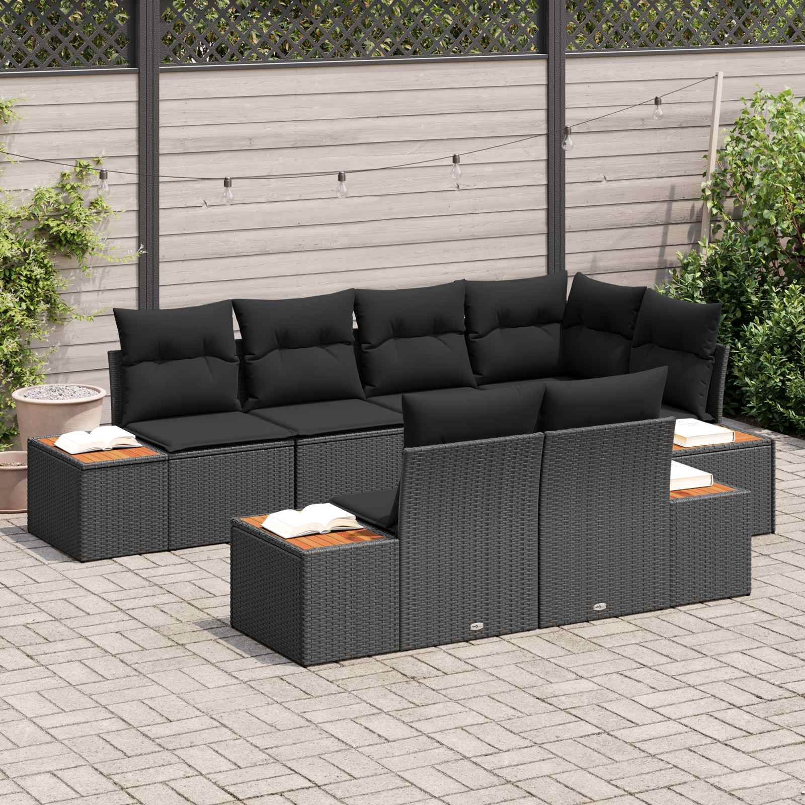 Conjunto de sofás de jardín 7 pcs Negro Ratán sintético