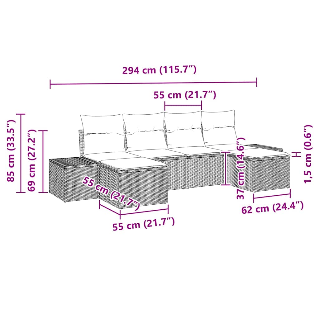 Conjunto de sofá de jardín 6 pcs Gris Rattan de Poliéster