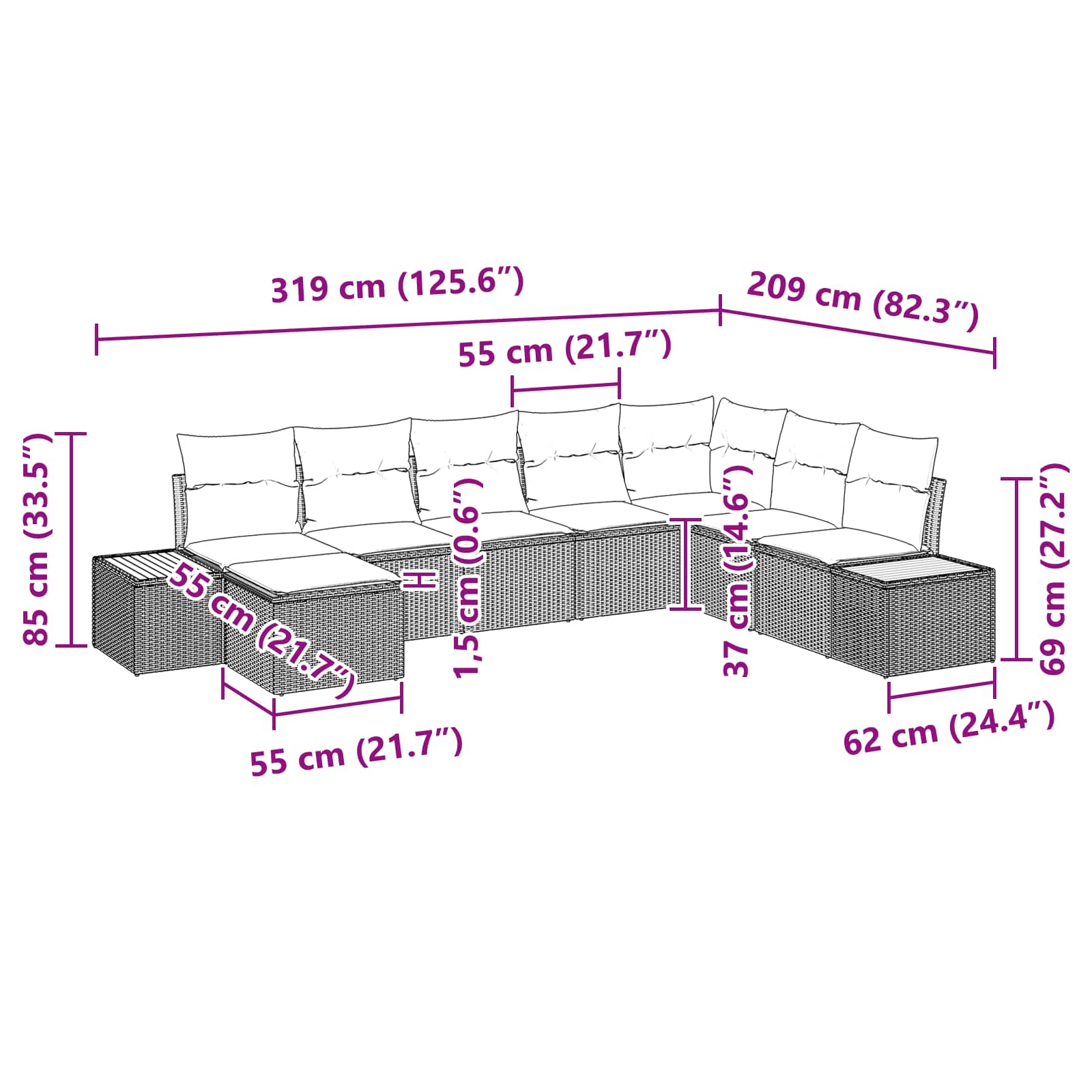 Conjunto de sofás de jardín 9 pcs Negro Ratán sintético