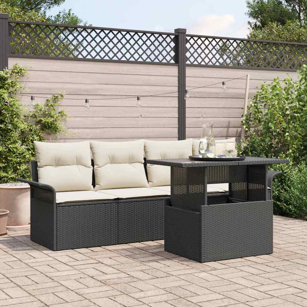 5 Pieces Beige Rattan Polyester Garden Sofa Set