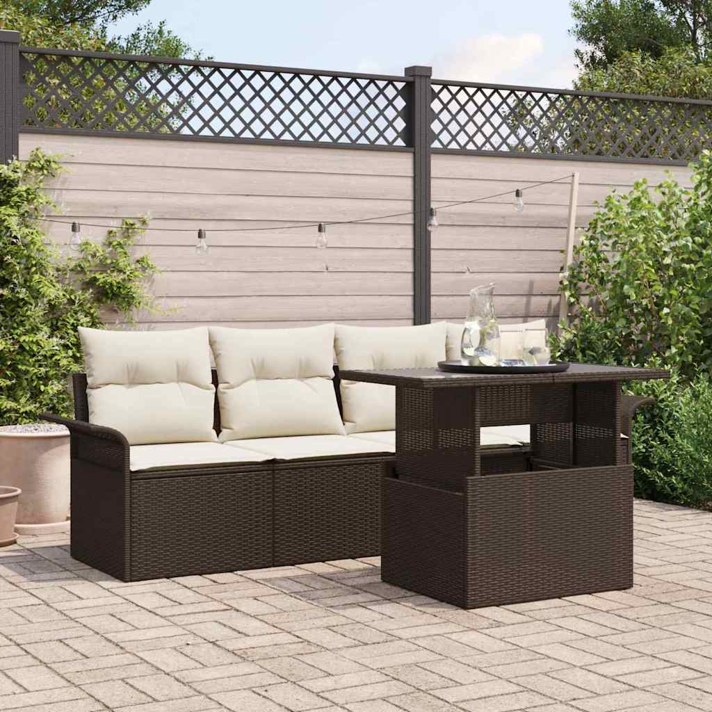 5 Pieces Beige Rattan Polyester Garden Sofa Set