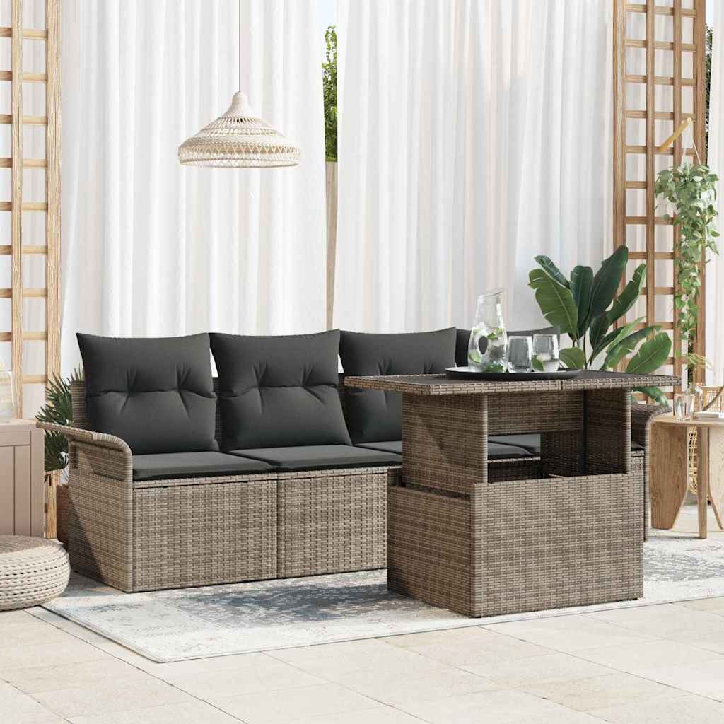 5 Pieces Beige Rattan Polyester Garden Sofa Set