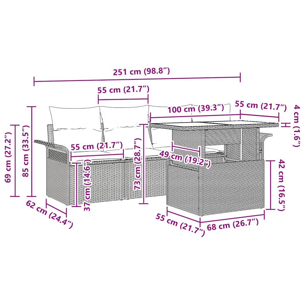 5 Pieces Beige Rattan Polyester Garden Sofa Set