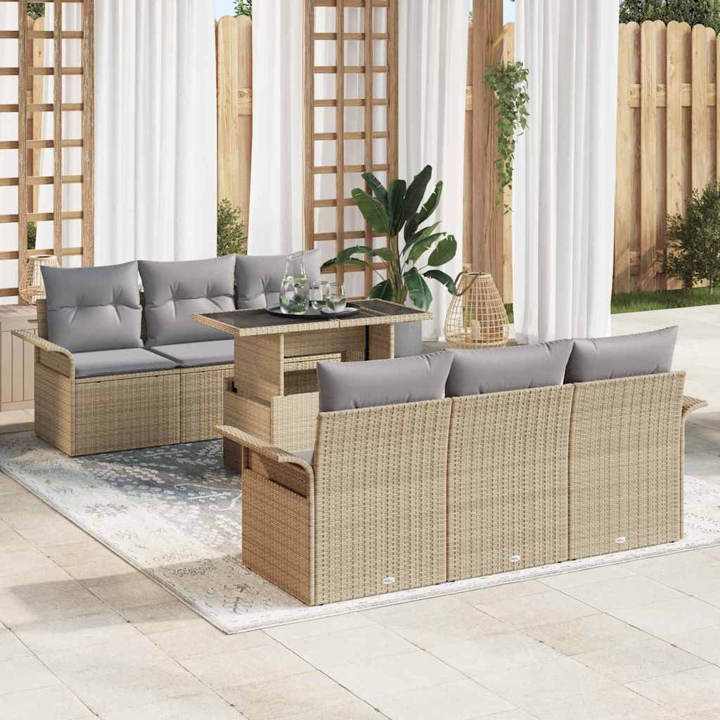 Conjunto de sofá de jardín 7 pcs Beige Rattan de Poliéster