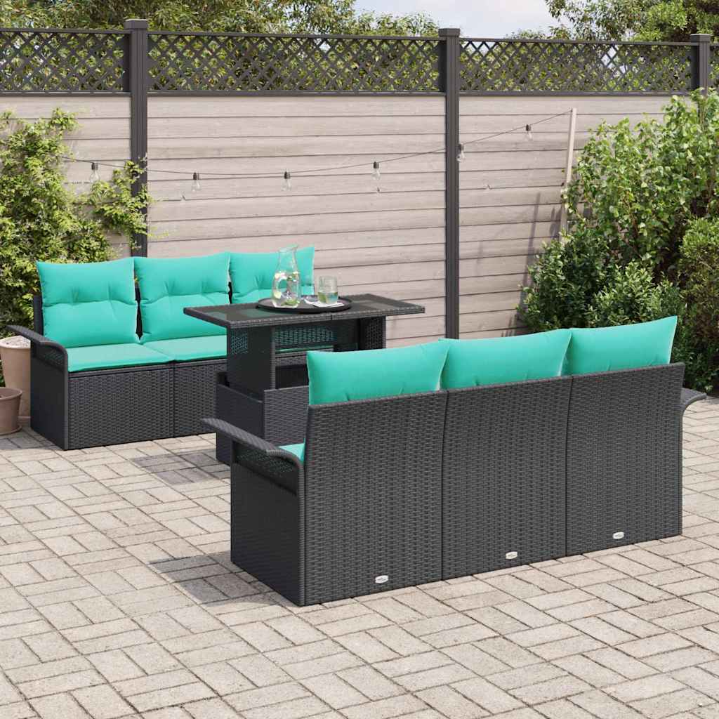 Conjunto de sofá de jardín con cojín 7 pcs Negro Poliratán