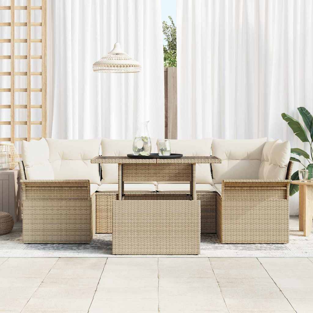 Conjunto de sofá de jardín 7 pcs Beige Rattan de Poliéster