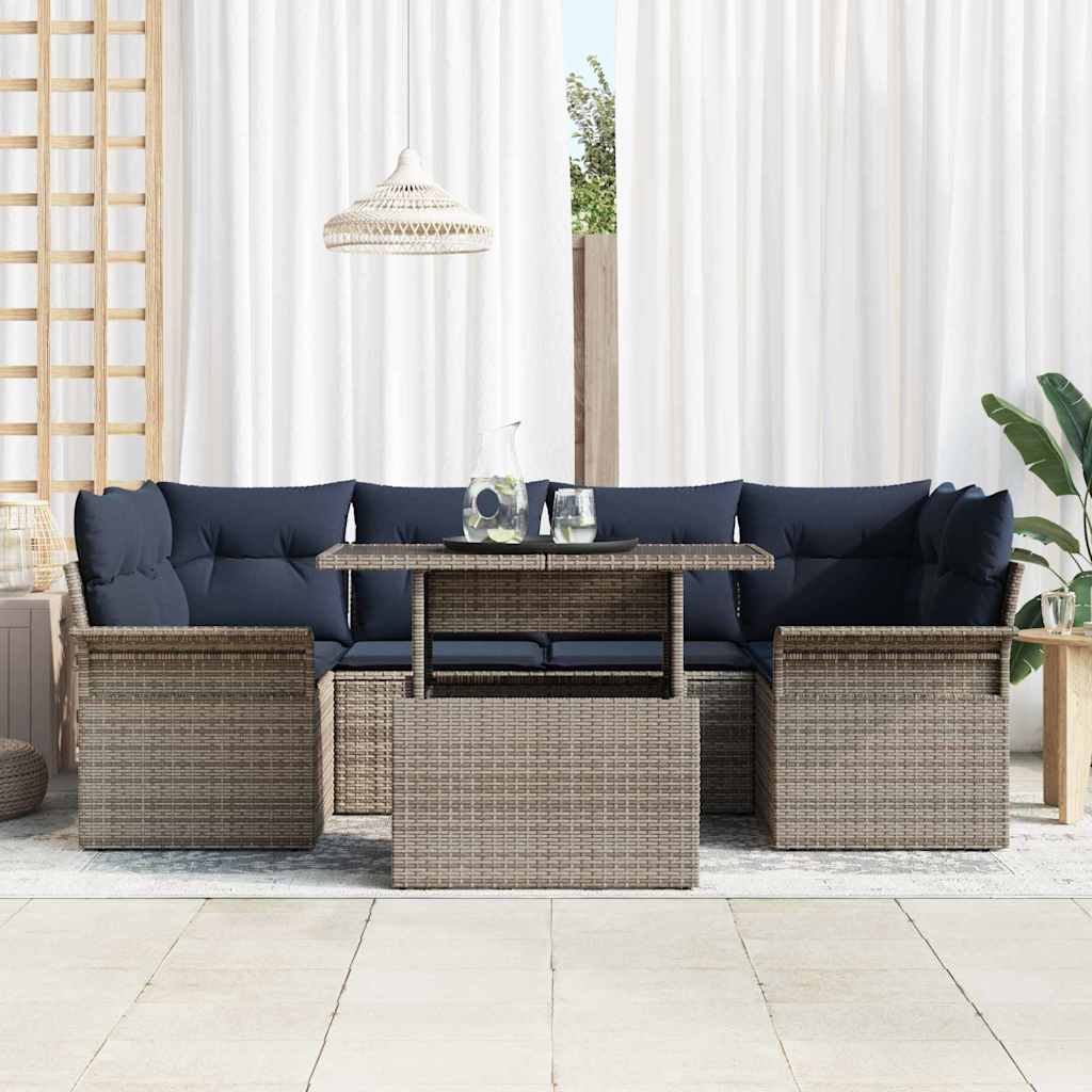 Conjunto de sofá de jardín 7 pcs Gris Rattan de Poliéster