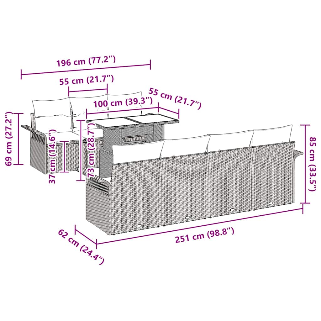 Conjunto de sofá de jardín 8 pcs Gris Rattan de Poliéster