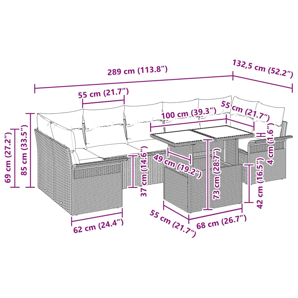 Conjunto de sofá de jardín 8 pcs Beige Rattan de Poliéster