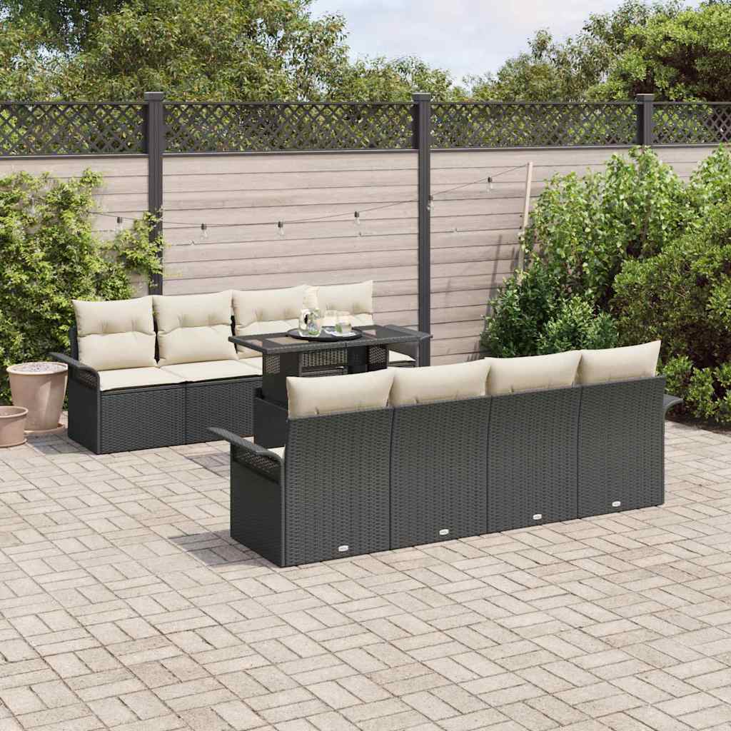 Conjunto de sofá de jardín con cojín 9 pcs Negro Poliratán