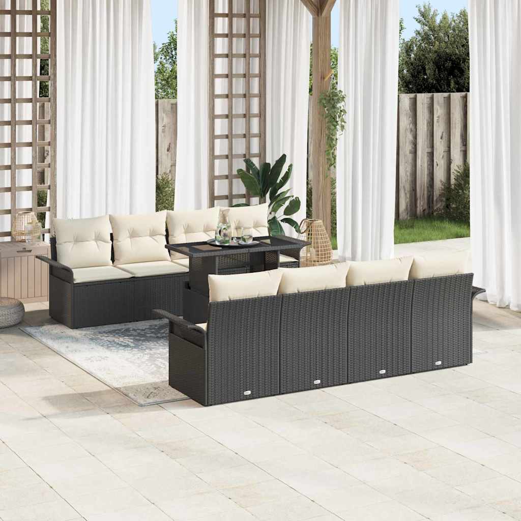 Conjunto de sofá de jardín con cojín 9 pcs Negro Poliratán