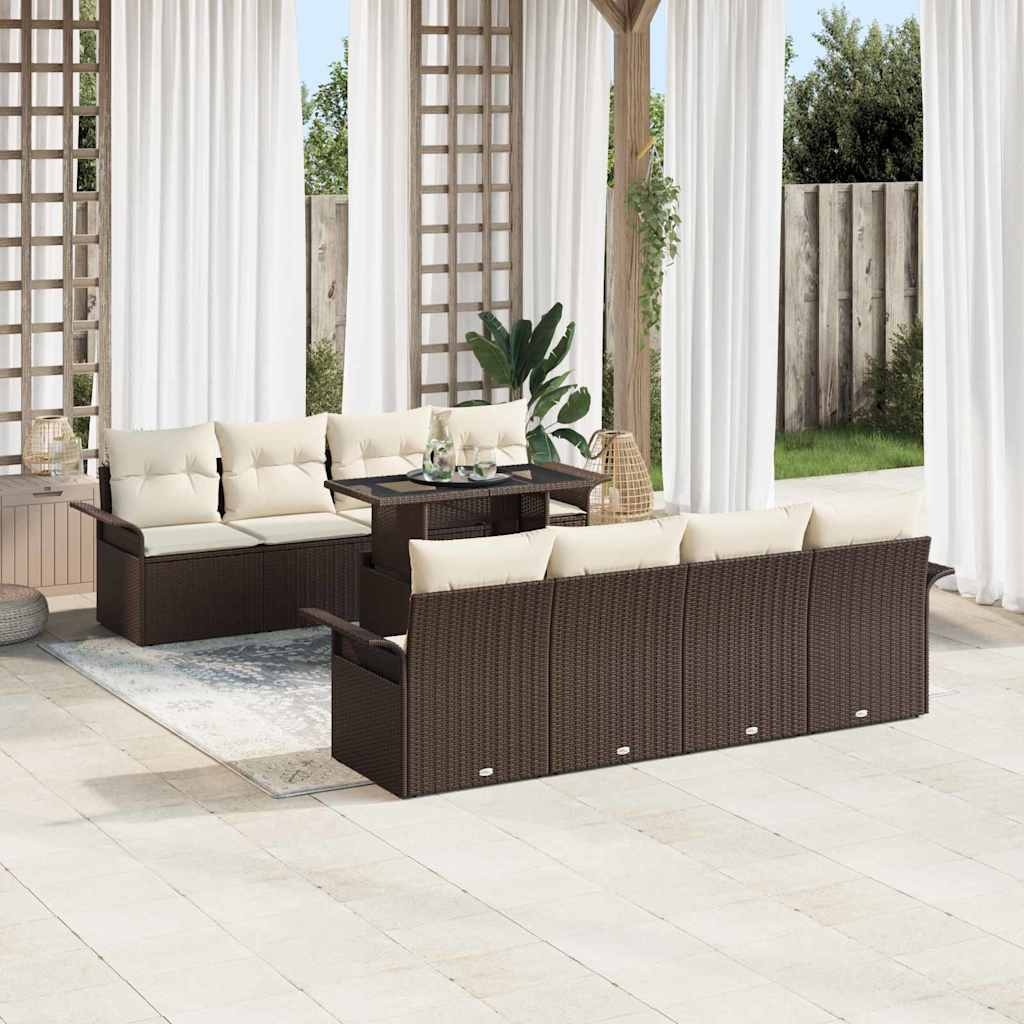 Conjunto de sofá de jardín con cojín 9 pcs Marrón Poliratán