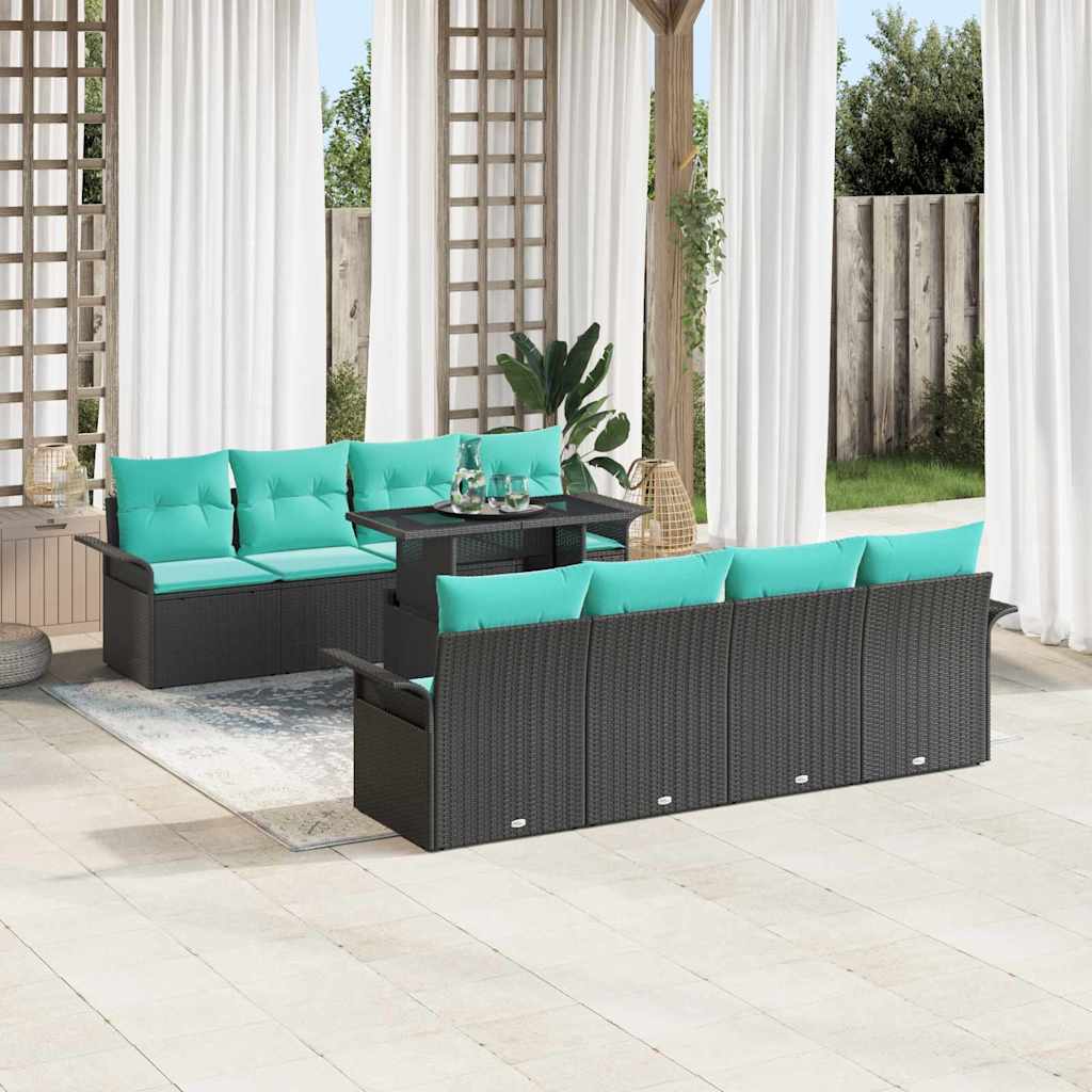 Conjunto de sofá de jardín 9 pcs Negro Rattan de Poliéster