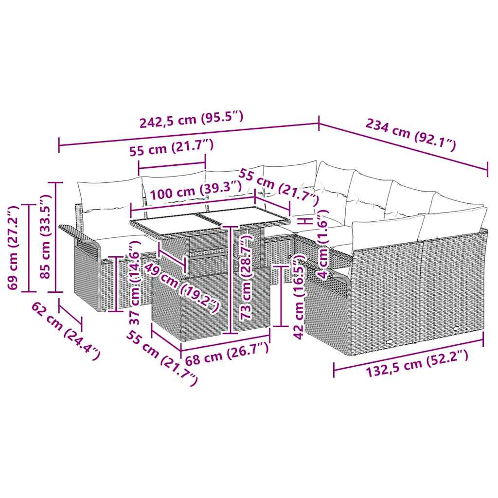 Conjunto de sofá de jardín 9 pcs Marrón Rattan de Poliéster