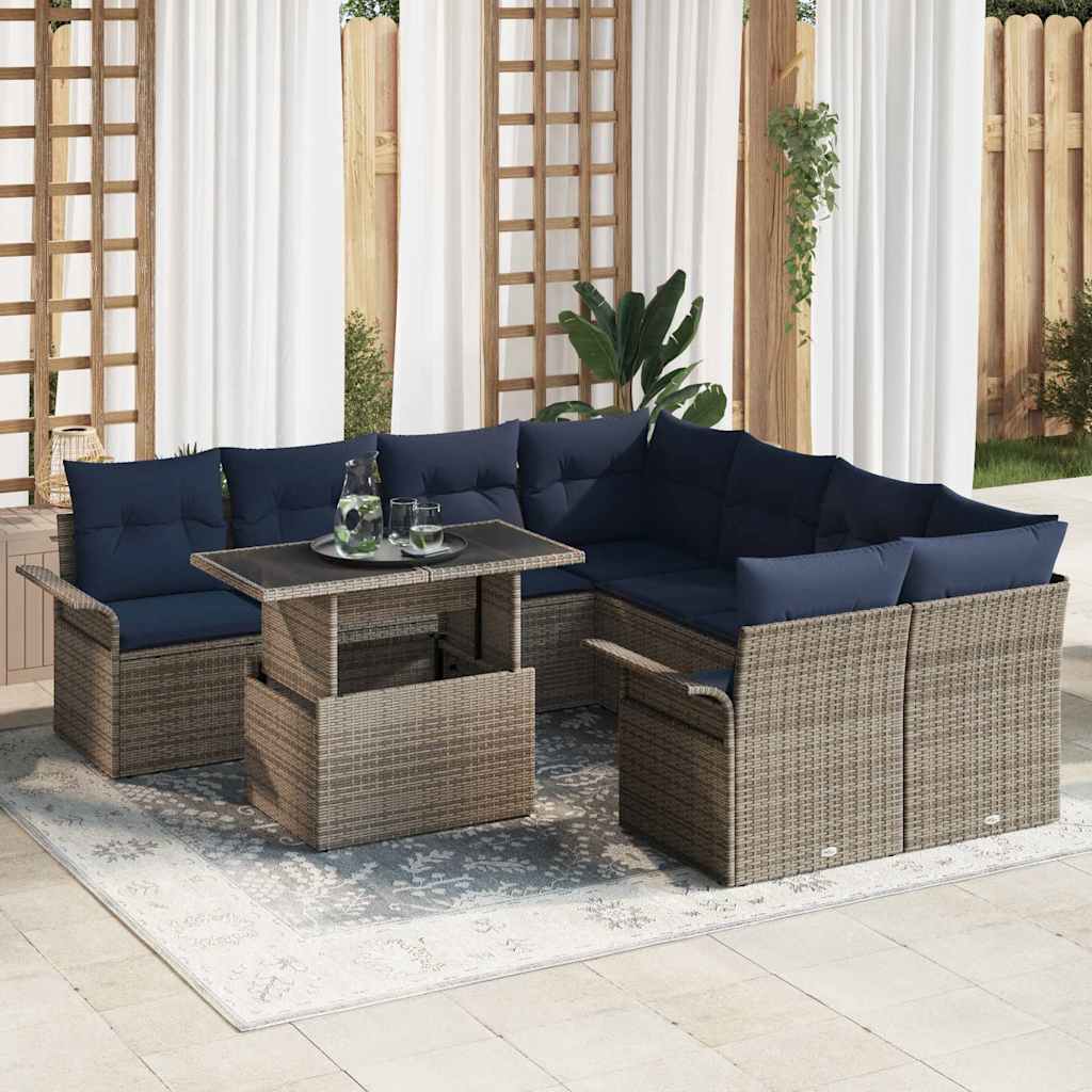 Conjunto de sofá de jardín 9 pcs Gris Rattan de Poliéster