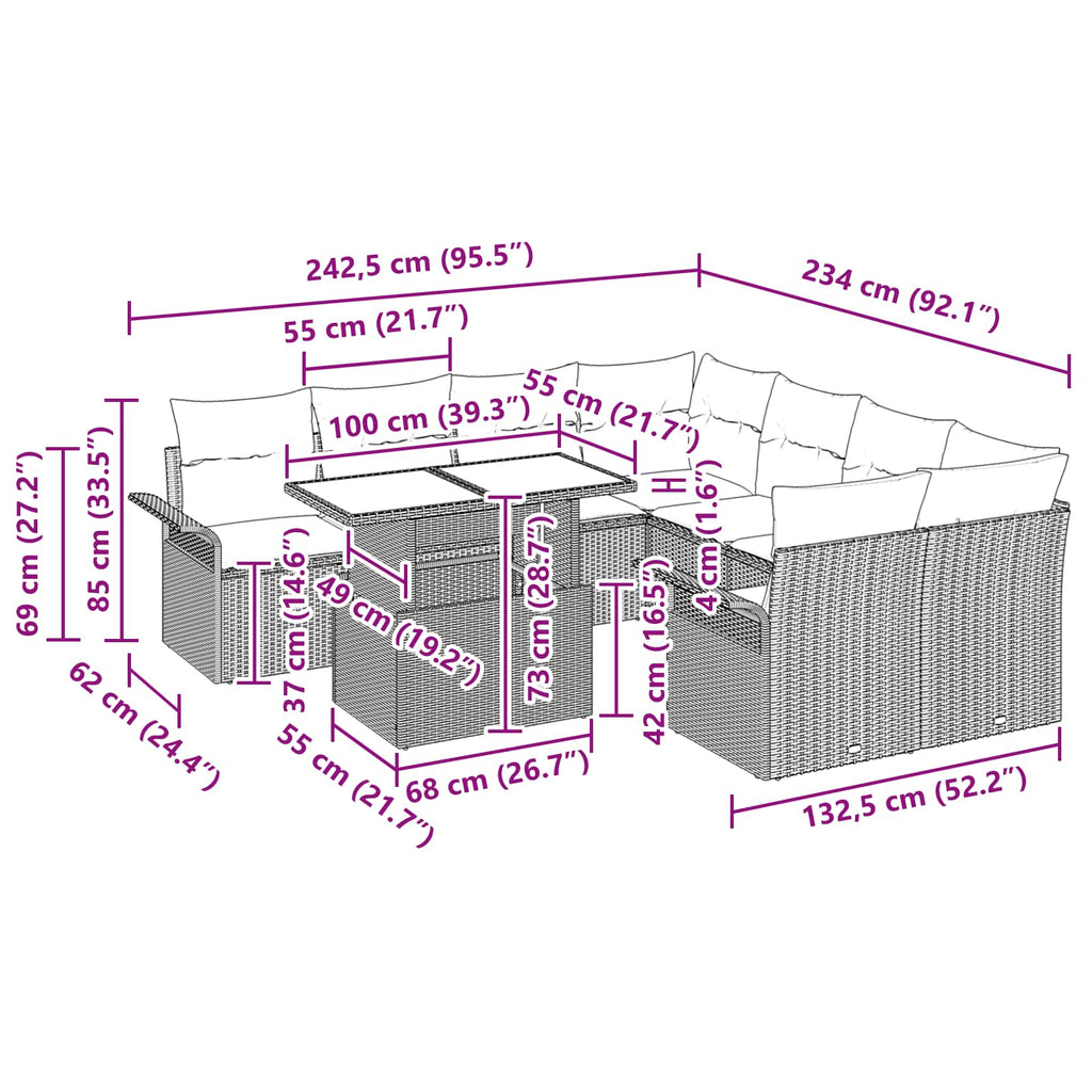Conjunto de sofá de jardín 9 pcs Gris Rattan de Poliéster