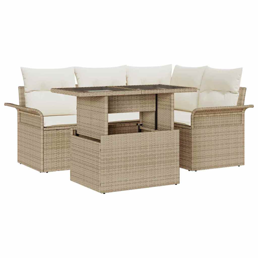 Conjunto de sofá de jardín 5 pcs Beige Rattan de Poliéster