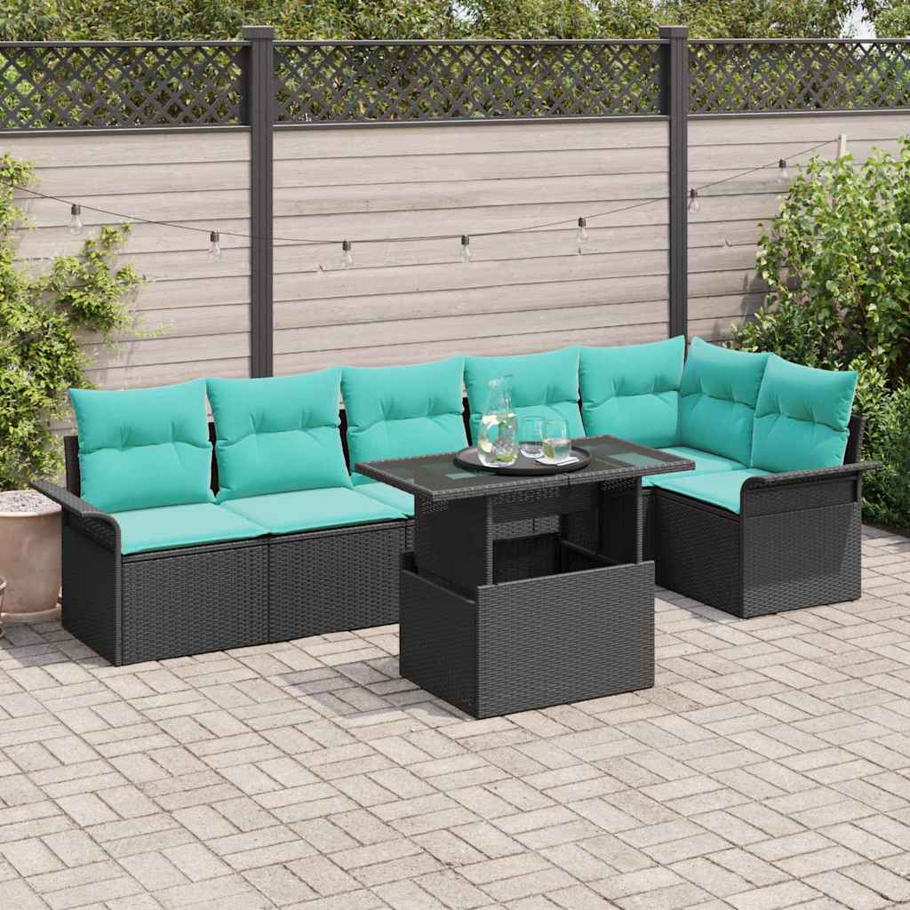 Conjunto de sofá de jardín con cojín 7 pcs Negro Poliratán