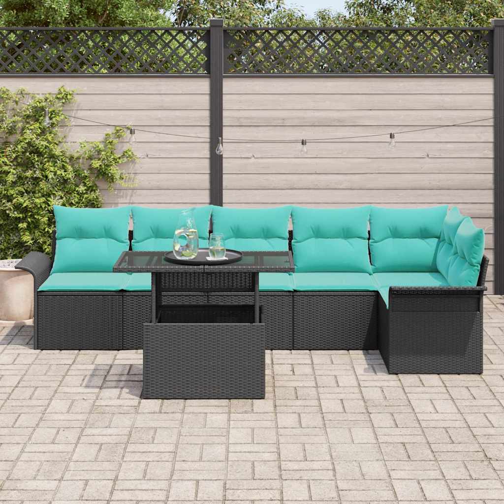 Conjunto de sofá de jardín con cojín 7 pcs Negro Poliratán