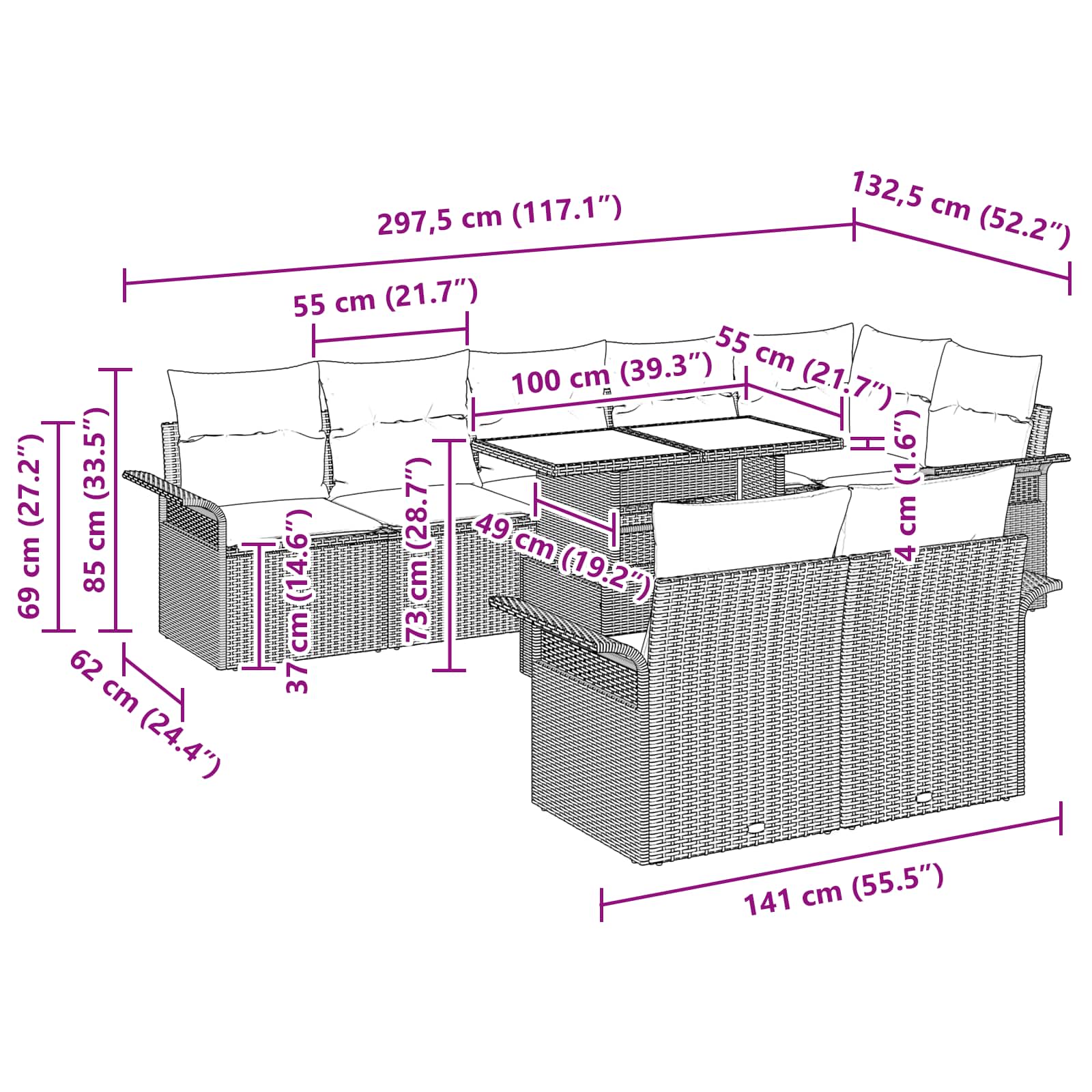 Conjunto de sofá de jardín 9 pcs Marrón Rattan de Poliéster