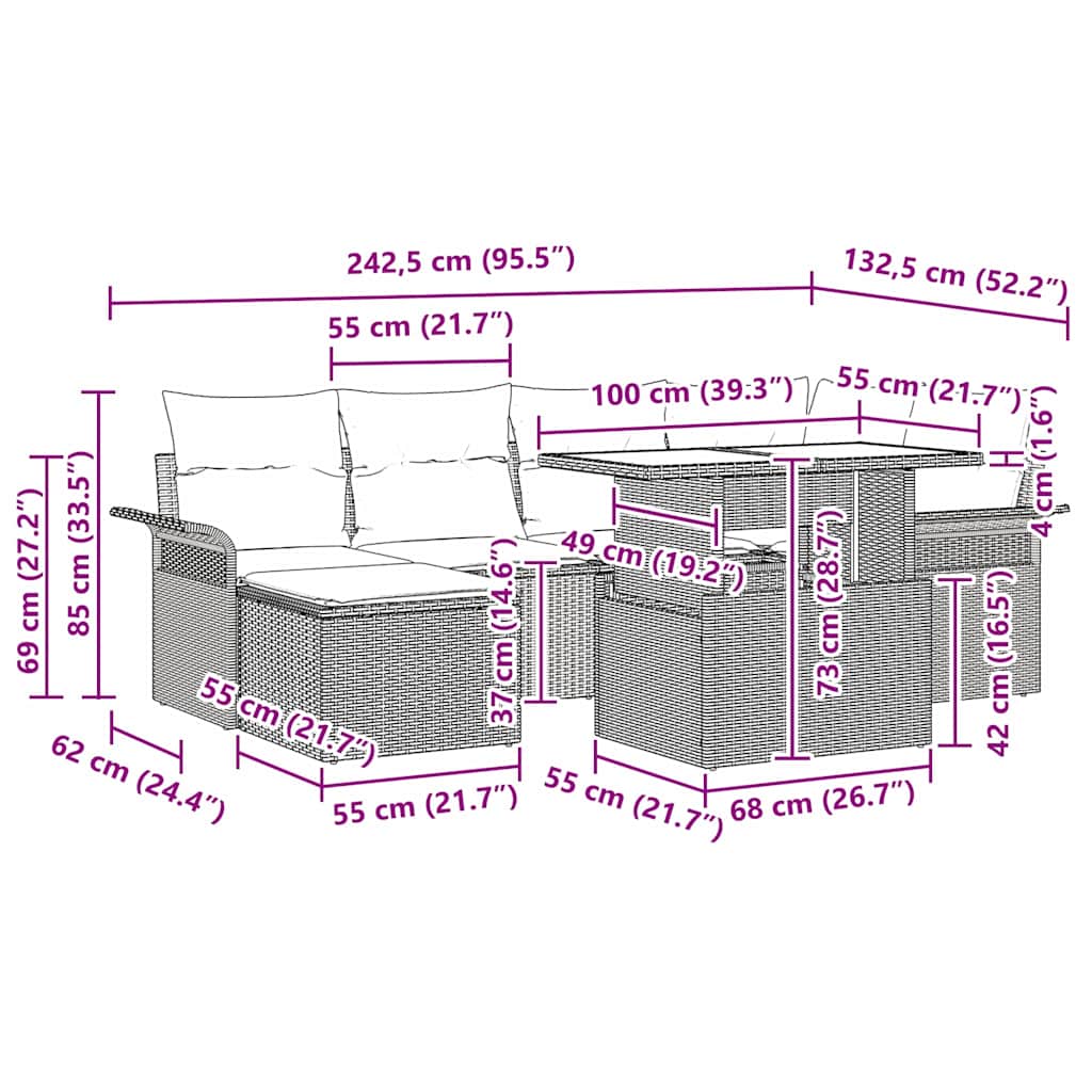 Conjunto de sofá de jardín con cojín 7 pcs Beige Poliratán
