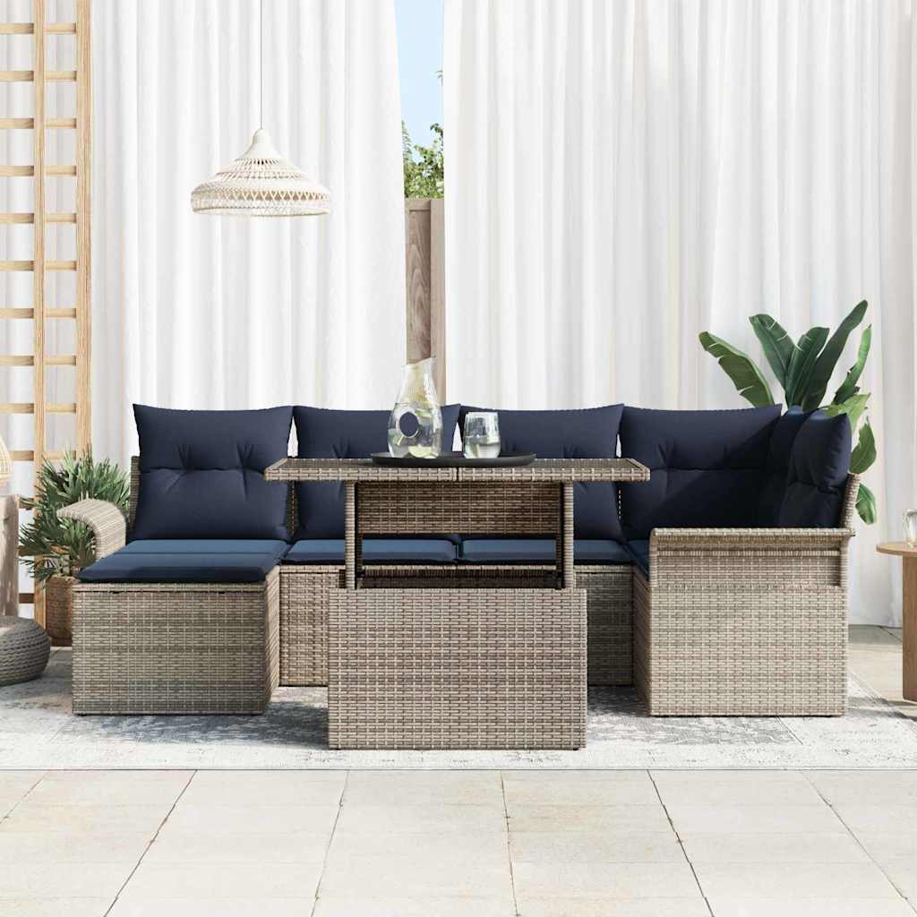 Conjunto de sofá de jardín 7 pcs Gris Rattan de Poliéster