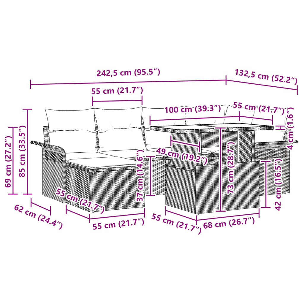 Conjunto de sofá de jardín 7 pcs Gris Rattan de Poliéster