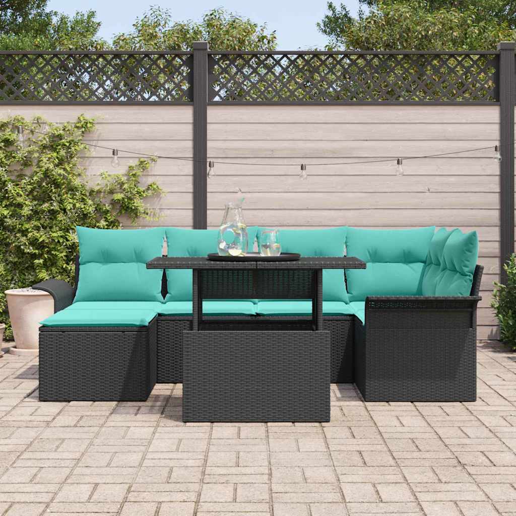 Conjunto de sofá de jardín 7 pcs Negro Rattan de Poliéster