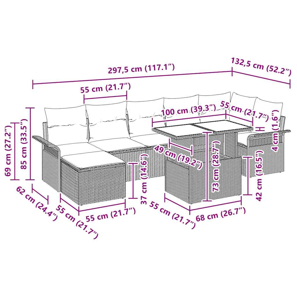 Conjunto de sofá de jardín con cojín 8 pcs Marrón Poliratán