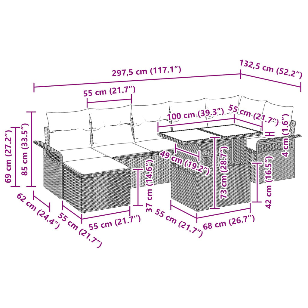Conjunto de sofá de jardín 8 pcs Gris Rattan de Poliéster