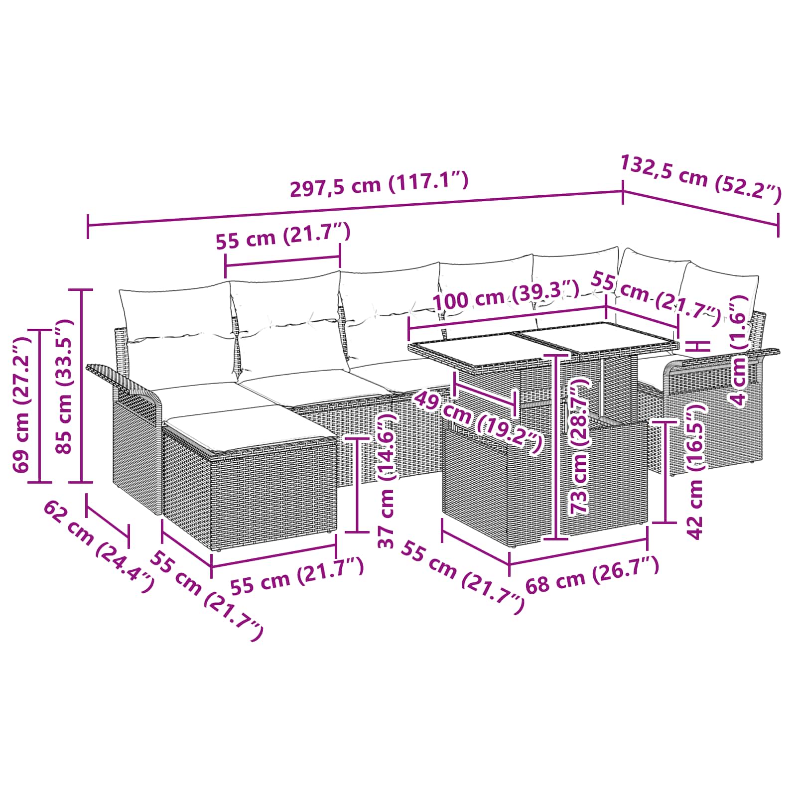 Conjunto de sofá de jardín 8 pcs Gris Rattan de Poliéster