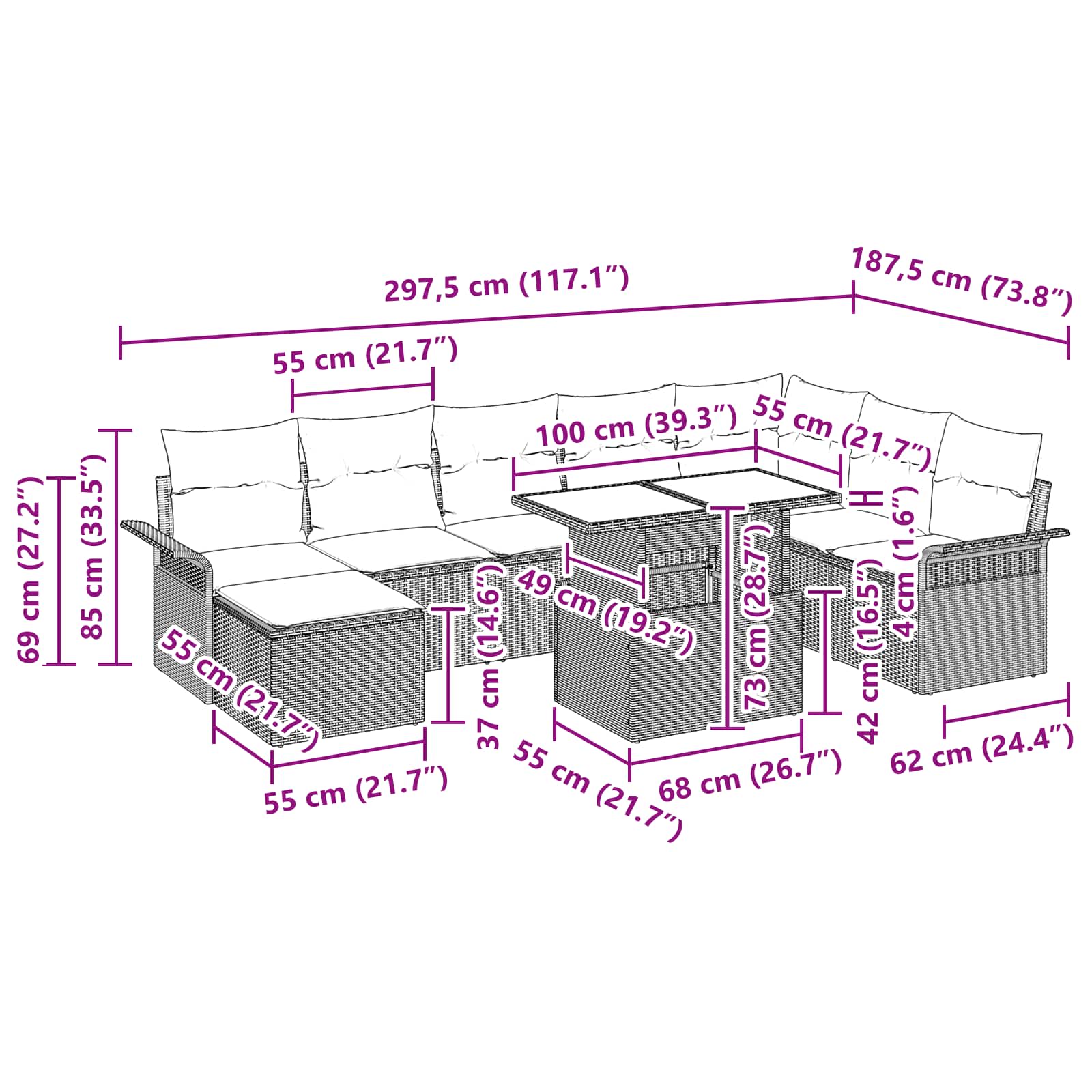 Conjunto de sofá de jardín 9 pcs Gris Rattan de Poliéster