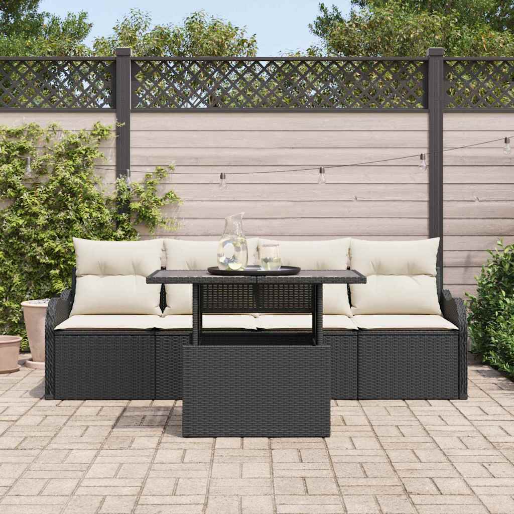 Conjunto de sofá de jardín 5 pcs Negro Rattan de Poliéster