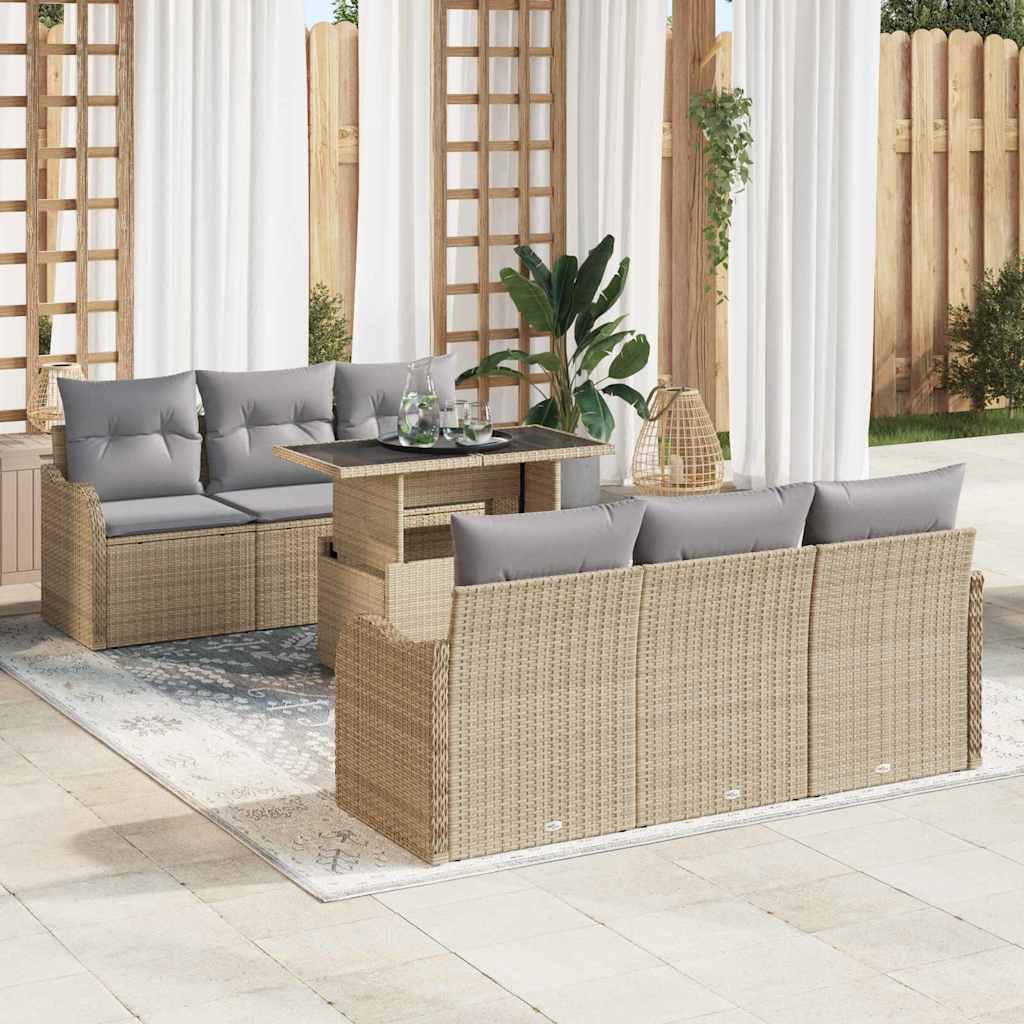 Conjunto de sofá de jardín 7 pcs Beige Rattan de Poliéster
