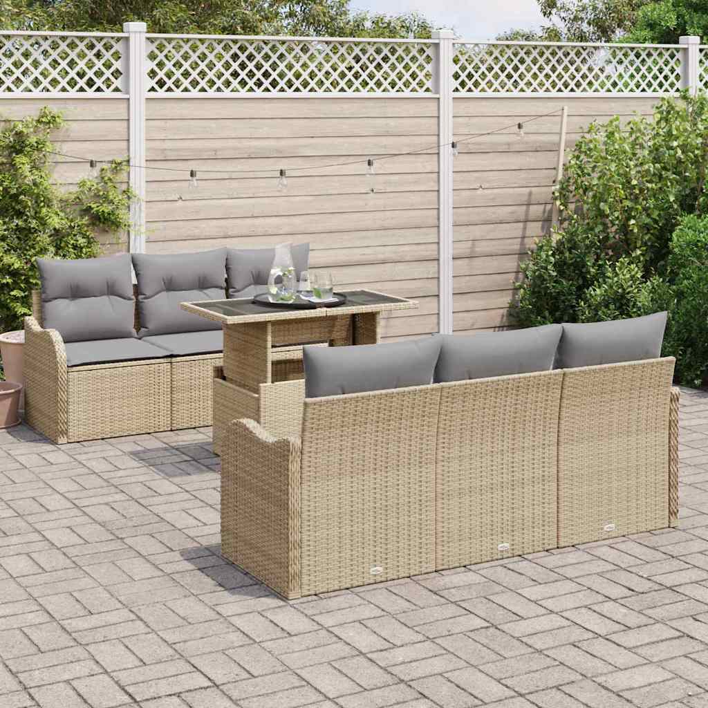 Conjunto de sofá de jardín 7 pcs Beige Rattan de Poliéster